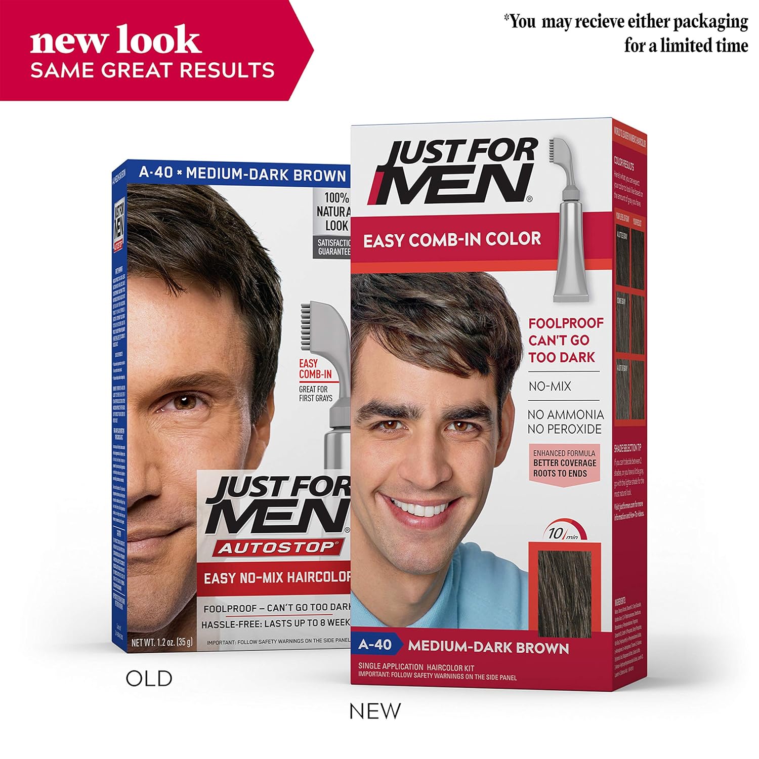 Just For Men Easy Comb-In Color (Formerly Autostop), Gray Hair Coloring for Men with Comb Applicator - Medium-Dark Brown, A-40 - Pack of 3 (Packaging May Vary): Beauty