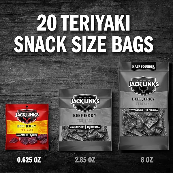 JACK LINK’S BEEF JERKY, TERIYAKI, MULTIPACK BAGS – FLAVORFUL MEAT SNACKS FOR LUNCHES, READY TO EAT PROTEIN SNACKS, INDIVIDUAL PACKS – 7G OF PROTEIN, MADE WITH 100% BEEF – 0.625 OZ (PACK OF 20)