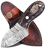 ANCILLA Handmade Damascus Hunting EDC Camping Deer Knife - Full Tang Fixed blade Mini Pocket Cowboy Neck knife for Bushcraft, Camping and Skining with leather sheath Holster - Predator Hunter Viking Blade - Ideal Viking Gift for Men