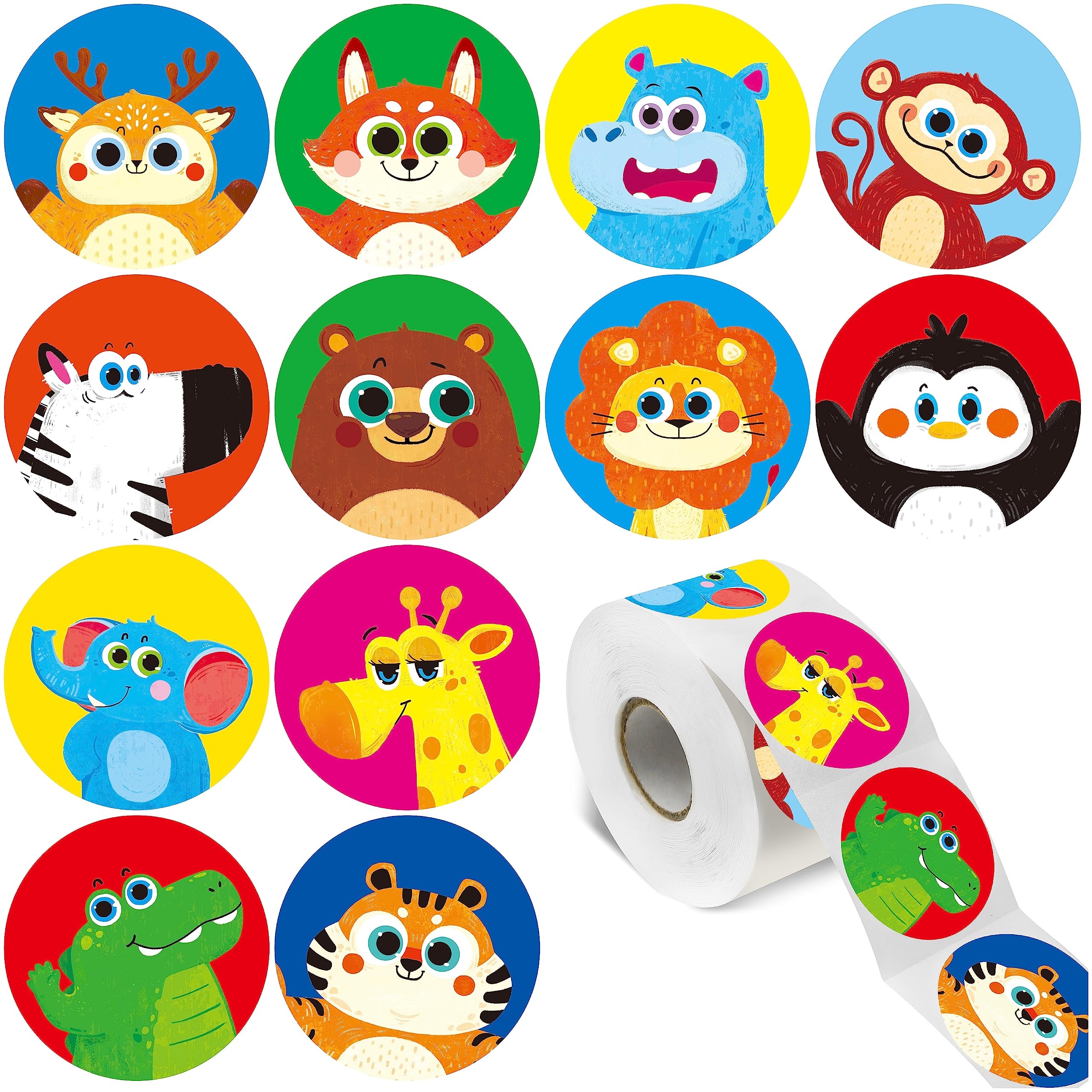 1000 PCS Round Animal Stickers, 12 Designs Cute Land Animals Teacher Encouragement Reward Stickers for Kids Students School Classroom Party Decoration with Perforation Line (1” in Diameter)