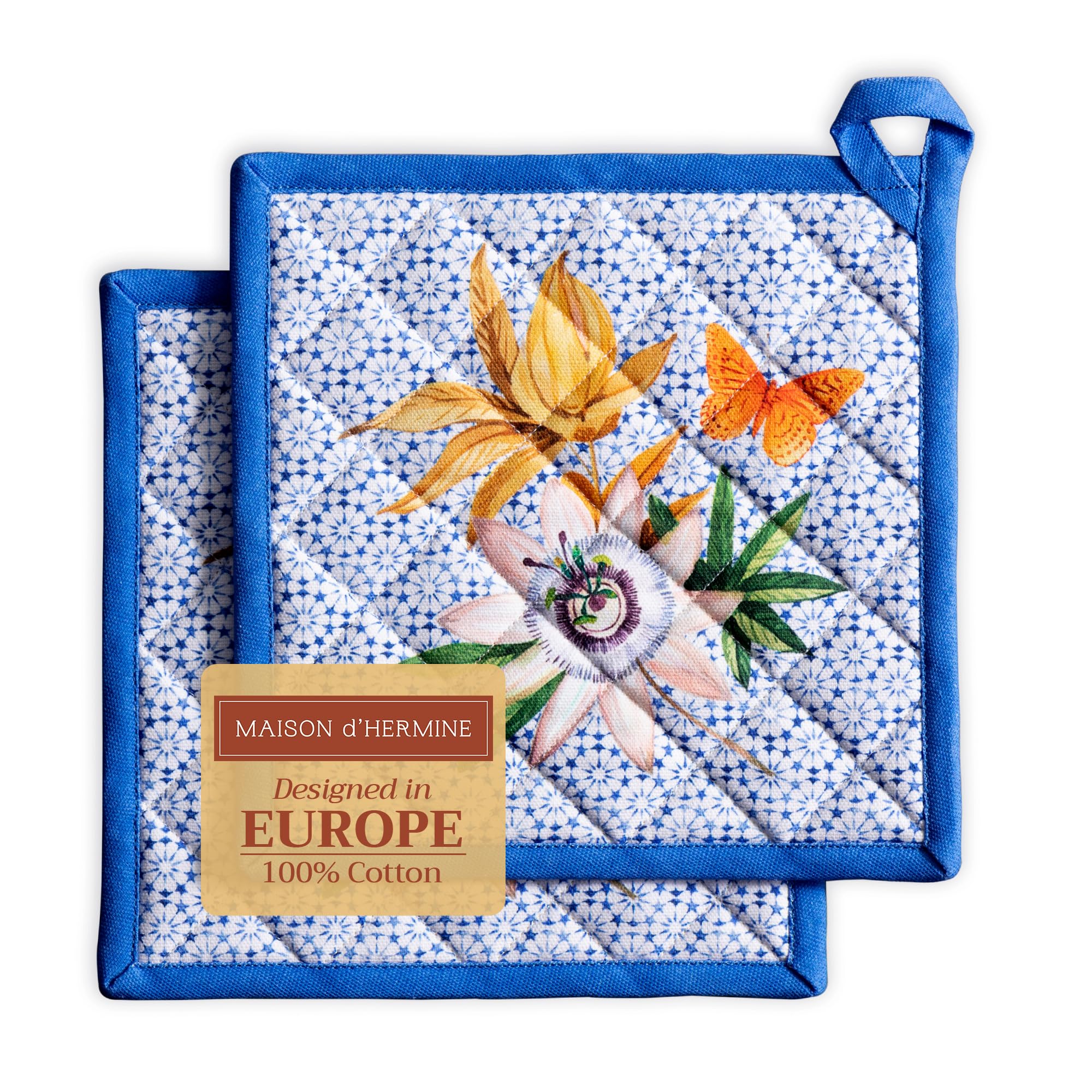 Maison d' Hermine Pot Holders Set 100% Cotton Heat Resistant Potholders 20 cm x 20 cm Hot Pads with Loop for BBQ Cooking Baking Handling Hot Pans Gifts for Mothers Day (Pack of 2, Passiflora)