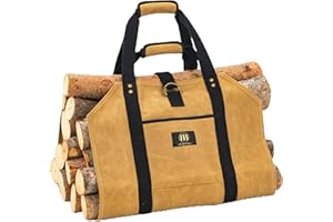 BB BY BARONE Log Carrier for Firewood Bag - 20oz Waxed Canvas wood carriers with Handles for Fire Logs storage- Fireplace and Campfire Accessories - Durable Waterproof Heavy-Duty Canvas Bag Carrier BROWN