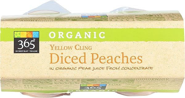 365 EVERYDAY VALUE, ORGANIC YELLOW CLING DICED PEACHES IN ORGANIC PEAR JUICE FROM CONCENTRATE, 4 OUNCE, 4 COUNT