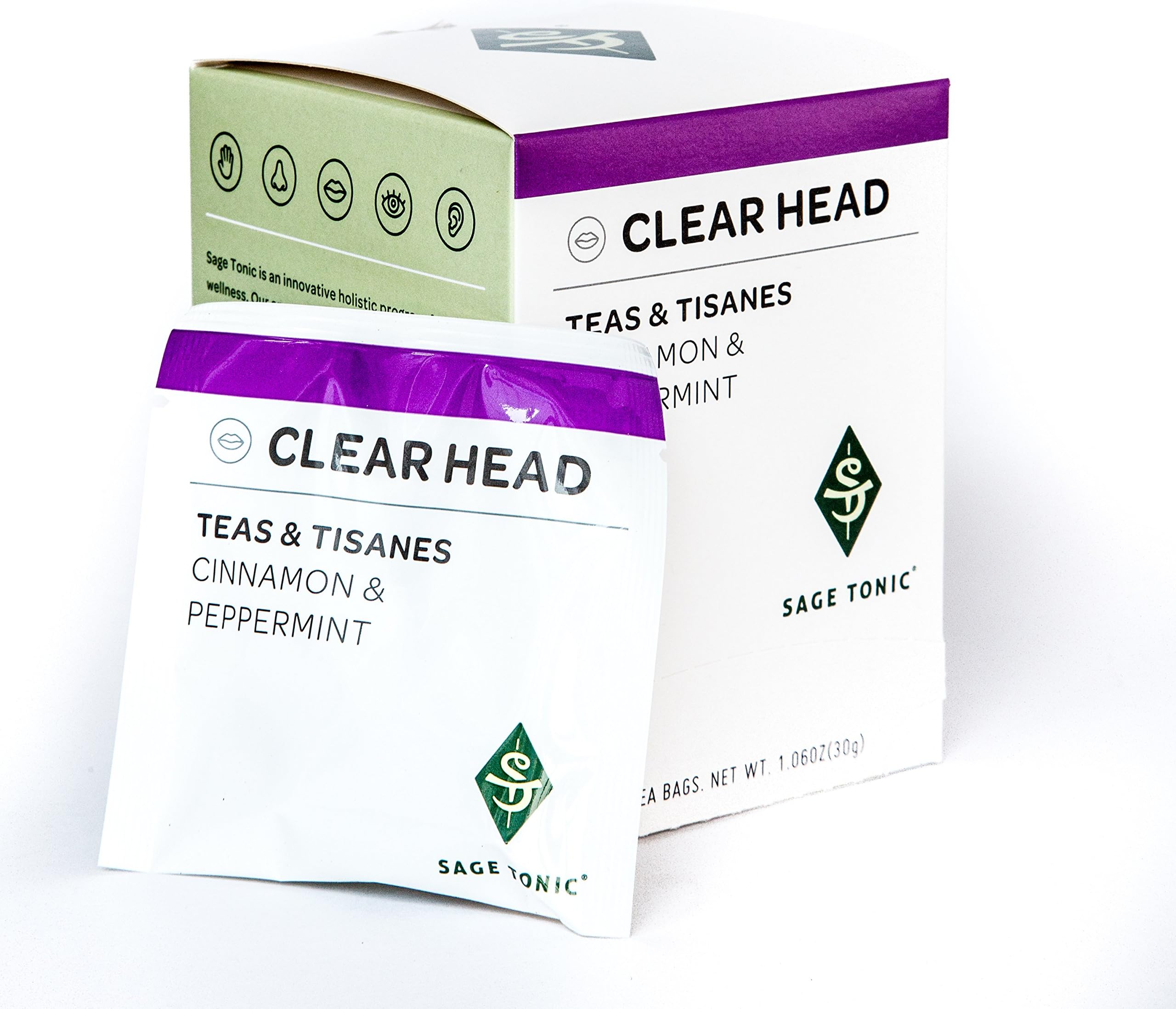 Sage Tonic Clear Head Tea - Cinnamon & Peppermint - Herbal, Helps Relax, Naturally Caffeine Free, Gluten Free, GMO Free, All Natural 12 Tea Bags/box