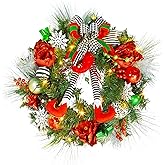 GarveeHome 24 in Pre-Lit Christmas Wreath for Front Door, Large Artificial Christmas Wreath, Battery Operated Lighted Xmas Wreath for Door Window Indoor Outside Xmas Home Decor, Red and Green