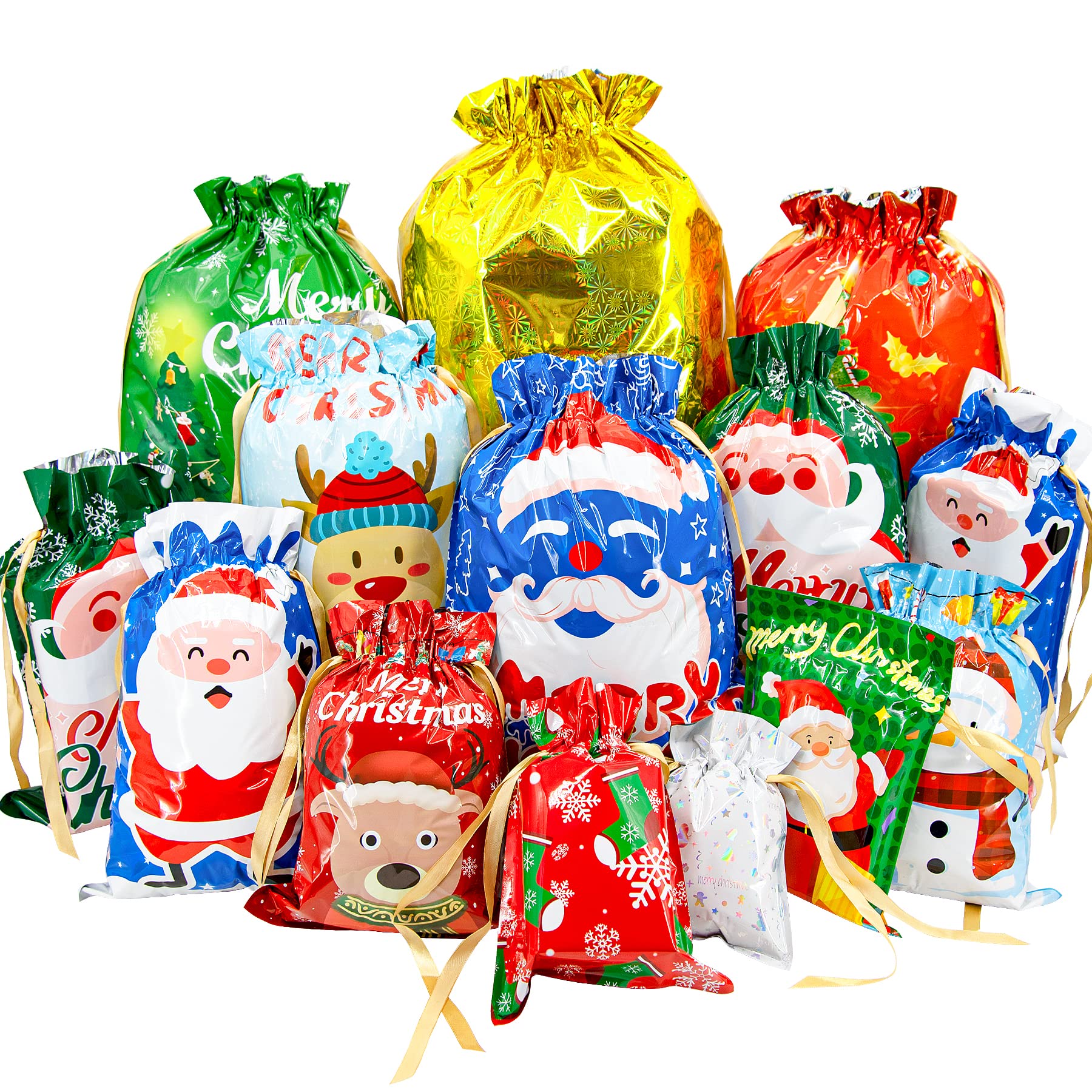 BQTQ 50 Pcs Christmas Drawstring Gift Bags Christmas Warpping Bag Teat Goodie Bags 12 Design 10 Sizes for Xmas Party
