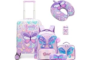 Esteemly Kid's Luggage Set 5 Piece Suitcase Set 16" Hardside Luggage with Spinner Wheels Girls Carry on Toddler Travel Rolling Suitcase with Neck Pillow Airline Approved