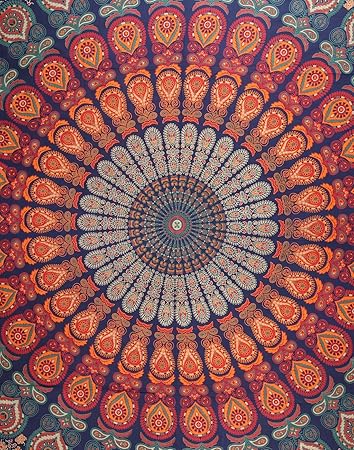 Tapestry Bazar Peacock Wing Mandala Boho Bohemian Printed Wall Hanging Decoration Bedspread Beach Throw Garden Mat (Blue, 54 X 84 Inches)