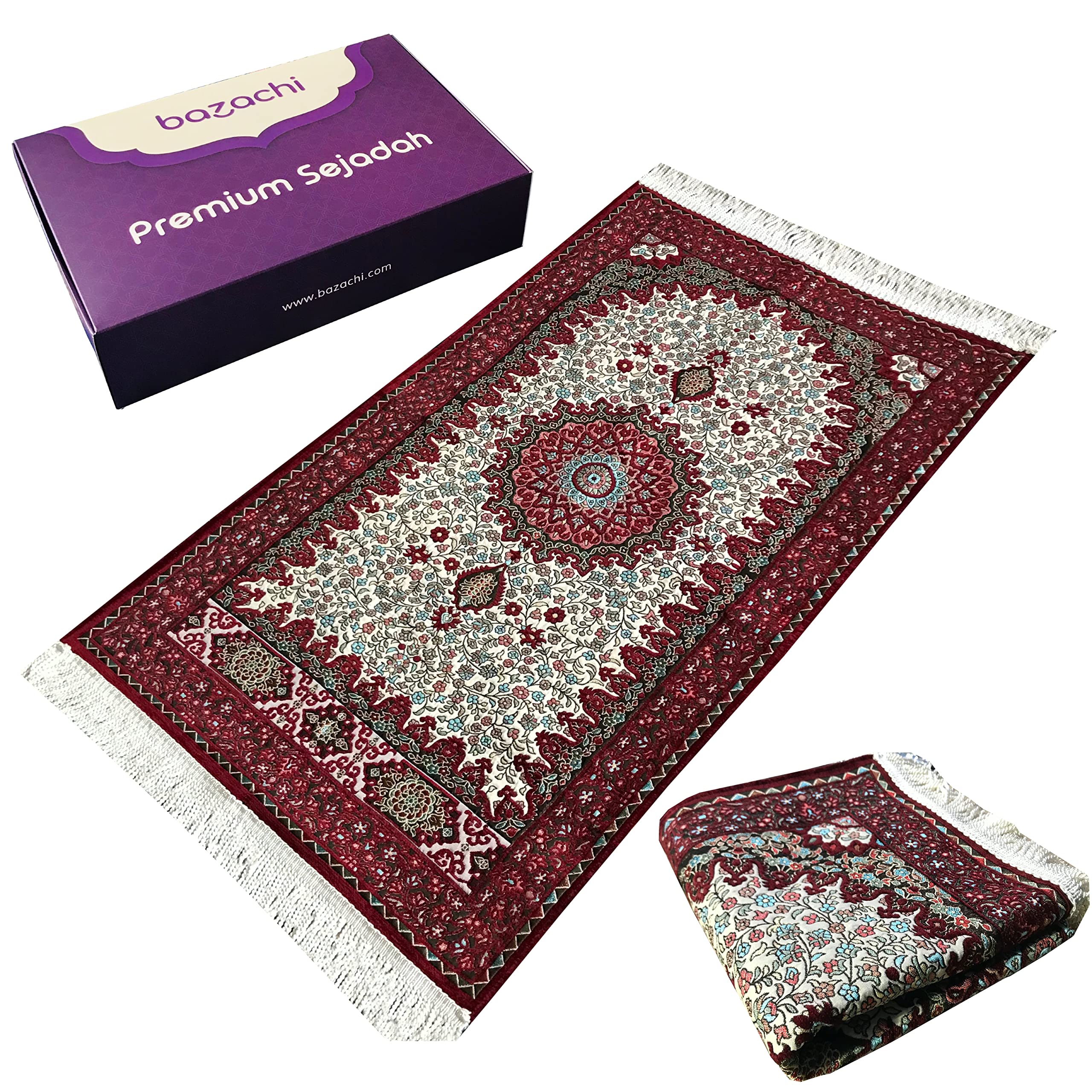 bazachi Ottoman Design, Embroidered Lined, Prayer Mat with Gift Box (Bordeaux-Purple Box)