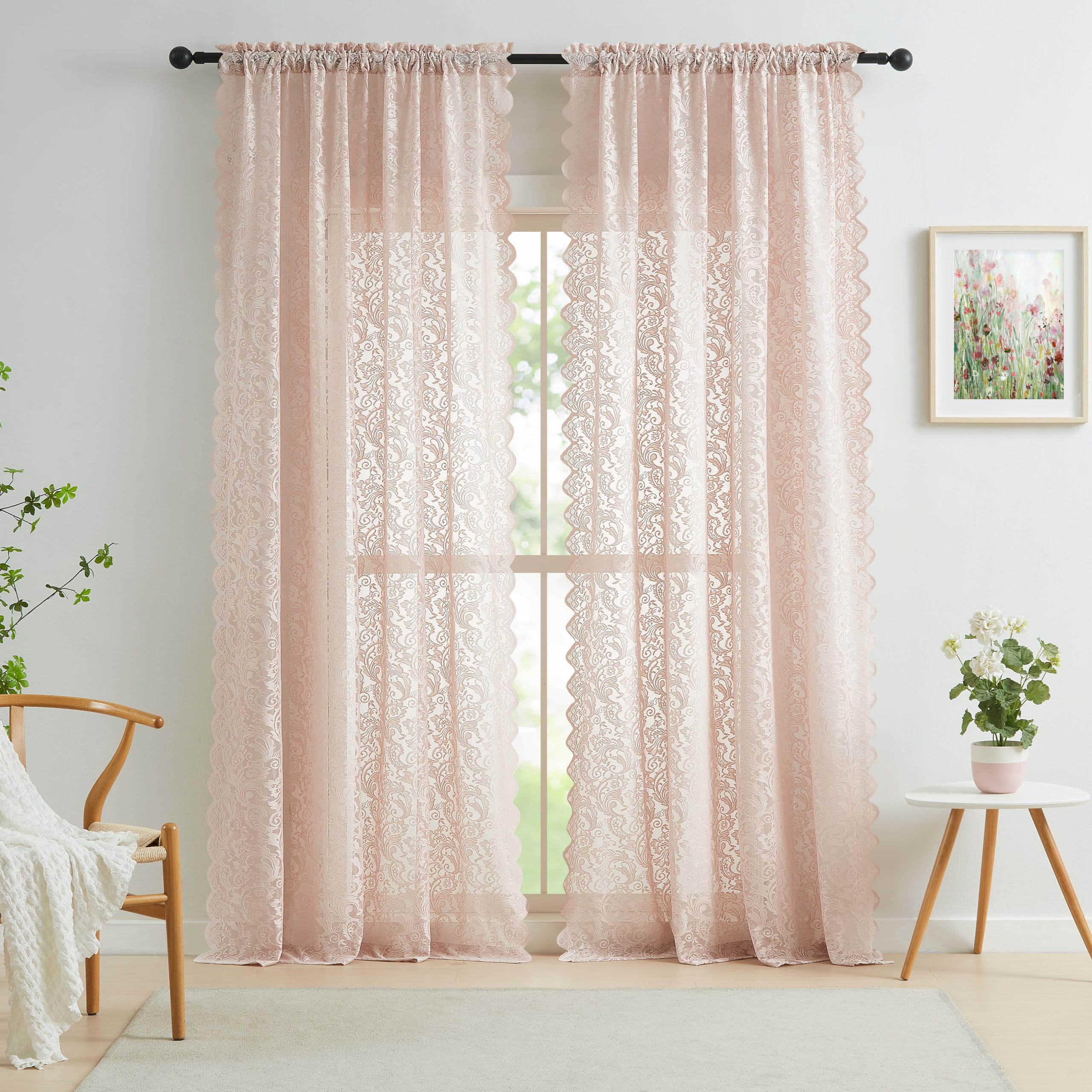 Bujasso Pink Lace Window Curtains Vintage Floral Sheer Curtain Panels 90 inch for Living Room Grils Bedroom Elegant Scalloped Light Filtering Pink Drapes Window Treatment Sets Rod Pocket 54" Wx90 Lx2