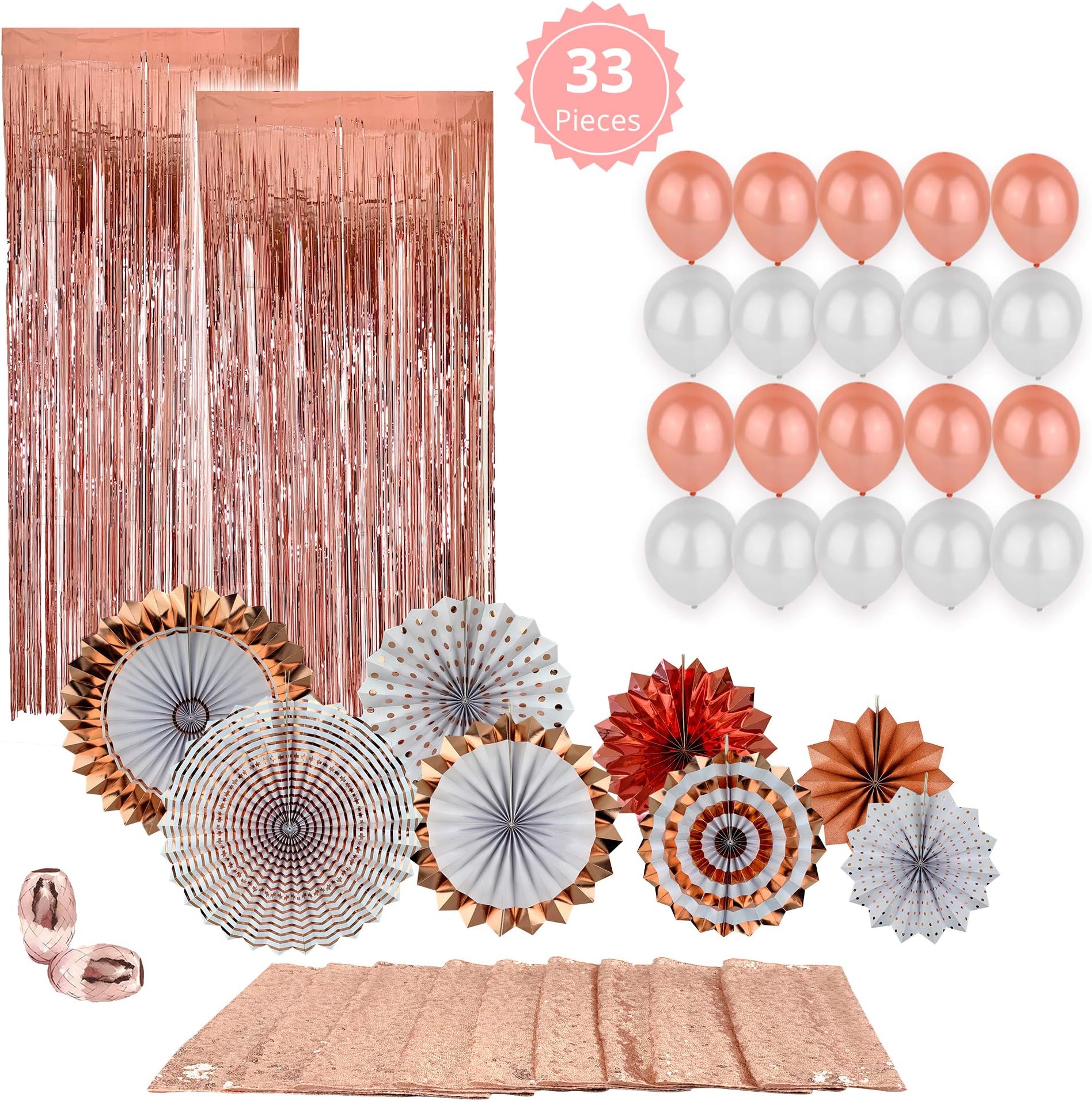 Rose Gold Party Decorations Set - 20 White and Rose Gold Balloons, 2 Metallic Foil Fringe Curtains Stylish 8pc Origami Fans, Long Sequin Table Runner 2 Shiny Ribbons, Perfect Rose Gold Party Supplies