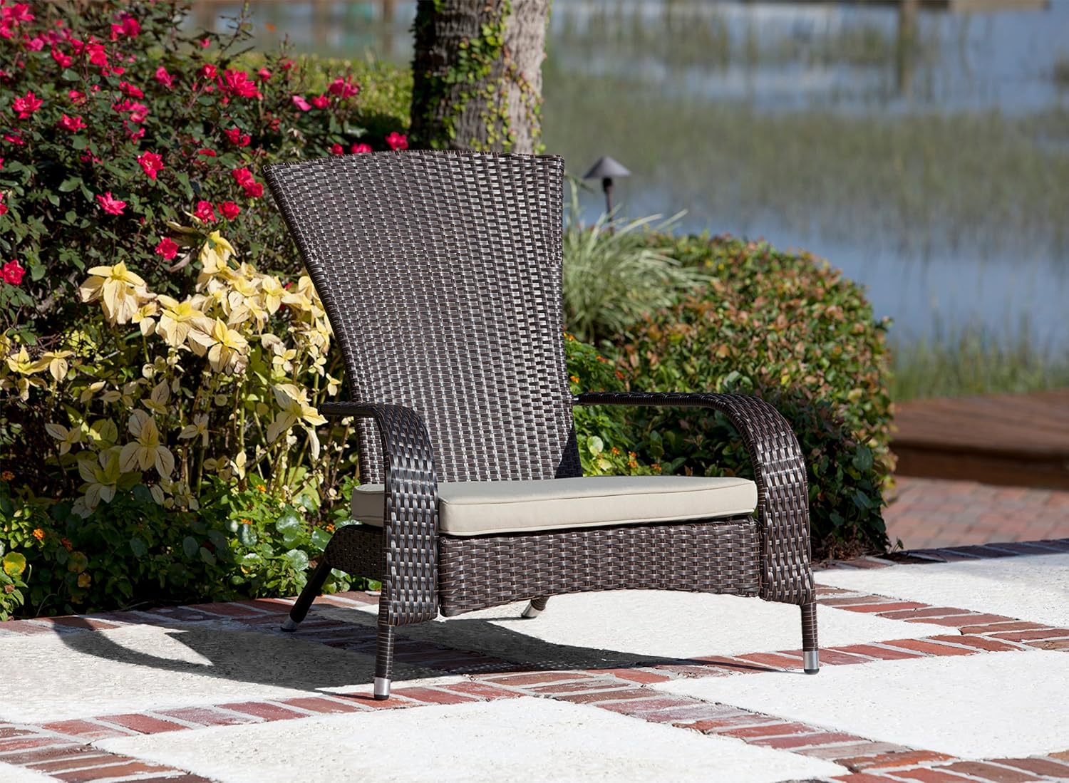 Patio Sense Coconino Wicker Lounge Chair, Mocha All Weather Wicker, Beige Cushion, Adirondack Style Armchair: Home & Kitchen