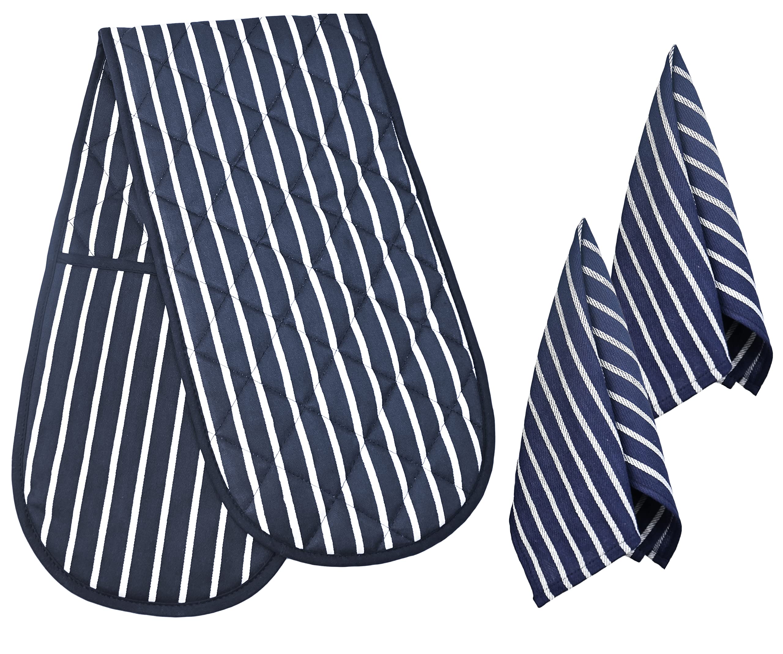 HouseGads Cotton and Polyester Oven Gloves Double and Kitchen Towels Set - Heat Resistant BBQ Cooking Gloves with Tea Towels for Baking and Holding Pots (Blue)