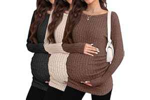 Sweetyweee 3 Pack Fall Maternity Shirts Long Sleeve Maternity Sweaters Boat Neck Ribbed Lightweight Pregnancy Winter Tops