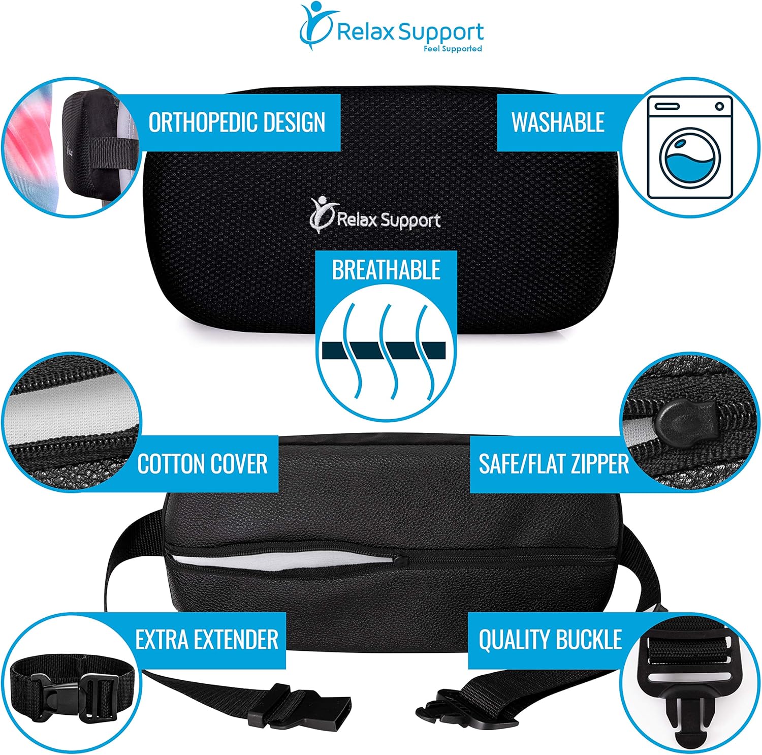Car Seat Lumbar Roll Support Pillow RS5 by RELAX SUPPORT Lower Back Support Cushion Driving Posture Corrector Adjustable Pillow w/Multiple Inserts for 6 Customized Firmness Levels for a Pain Free Back: Health & Personal Care