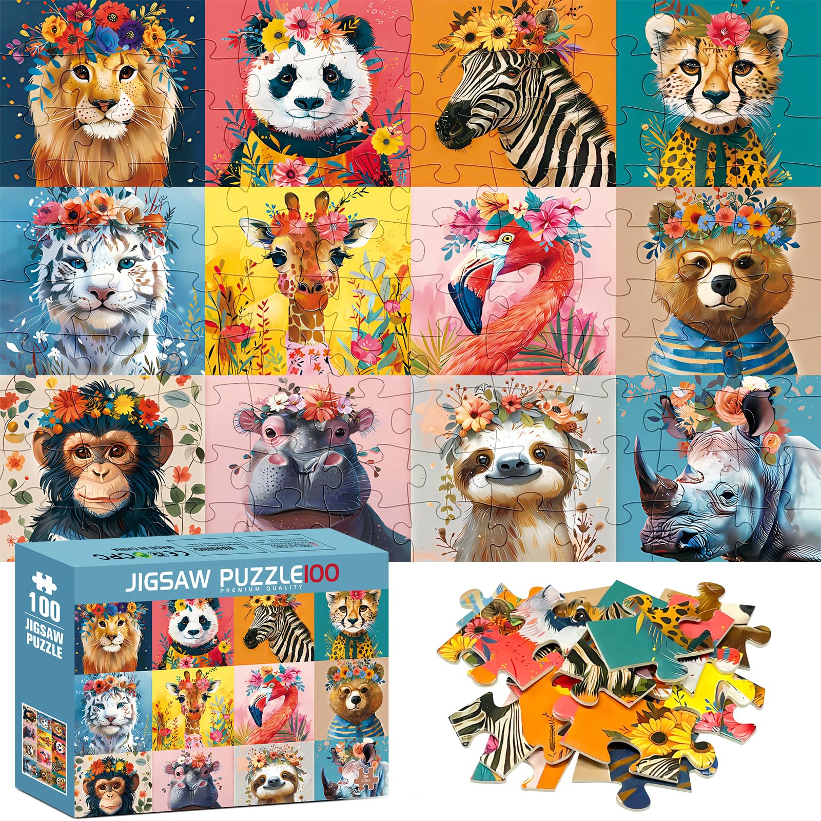 Photo 1 of 100 Pieces Puzzles for Kids Ages 4-8 | Beautiful Wild Animals Jigsaw Puzzles | Large 100 Piece Puzzle for Toddler Children | Sturdy,Safe | Engaging & Educational Toys Great Gift for Boys Girls,15x10in