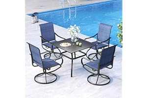 MFSTUDIO Outdoor Dining Set for 4, Square Patio Table and Padded Taxtilene Swivel Chairs Set with Umbrella Hole, Ourdoor Furniture Dining Sets for Backyard Deck Lawn & Garden