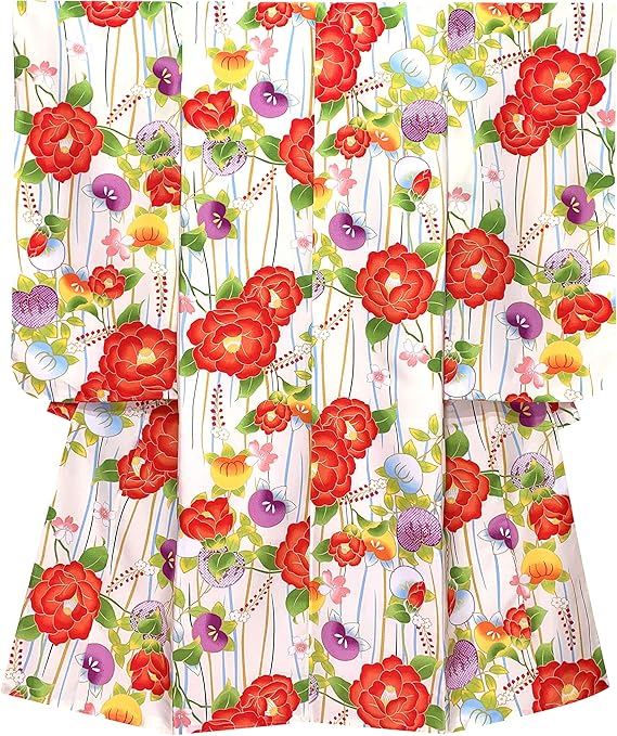 Amazon 七五三 着物 7歳 女の子 小紋柄 四つ身 子供着物 合繊 襦袢付き 白系 椿と橘 T7k 15 着物 浴衣 通販