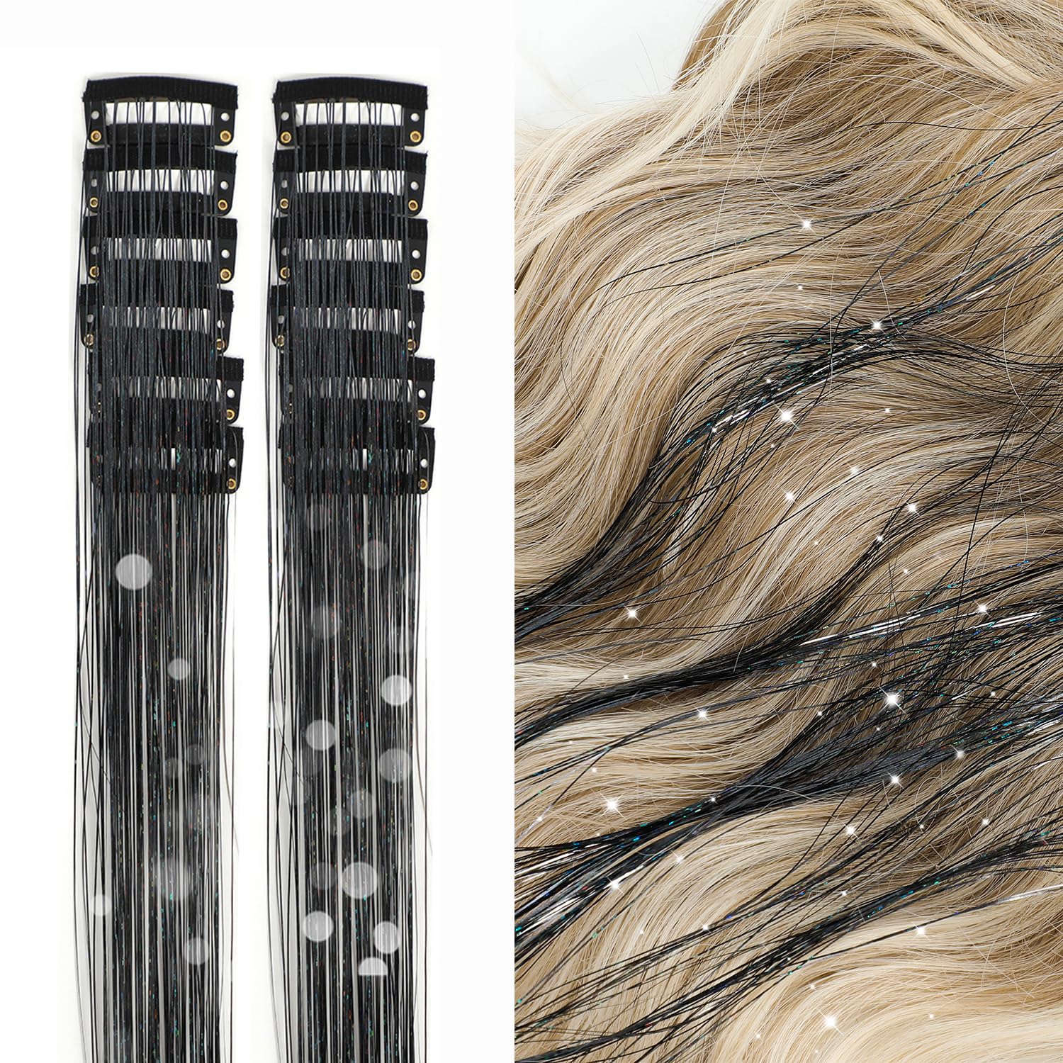 View 1 of 12Pcs Hair Tinsel Clip in Glitter Tinsel Hair Extensions 19.6Inch Clip in Hair Tinsel Kit Heat Resistant Shiny Sparkly Fairy Hair Accessories for Women Girls Kids (Black)