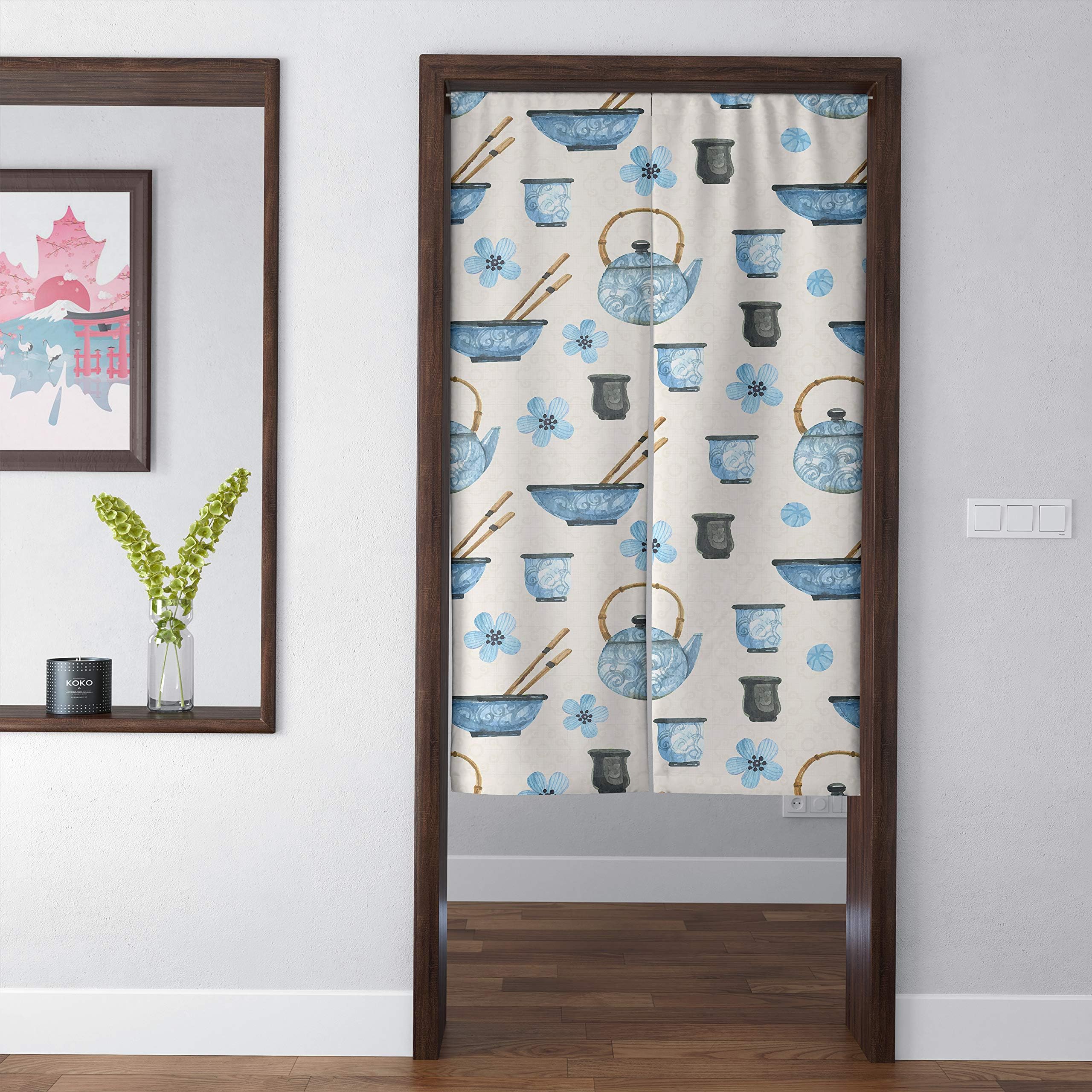 Spanker Janpanese Artistic Tableware Fengshui Noren Doorway Curtain for Home Kitchen Door Decor Natural Cotton Linen 34x59 inches