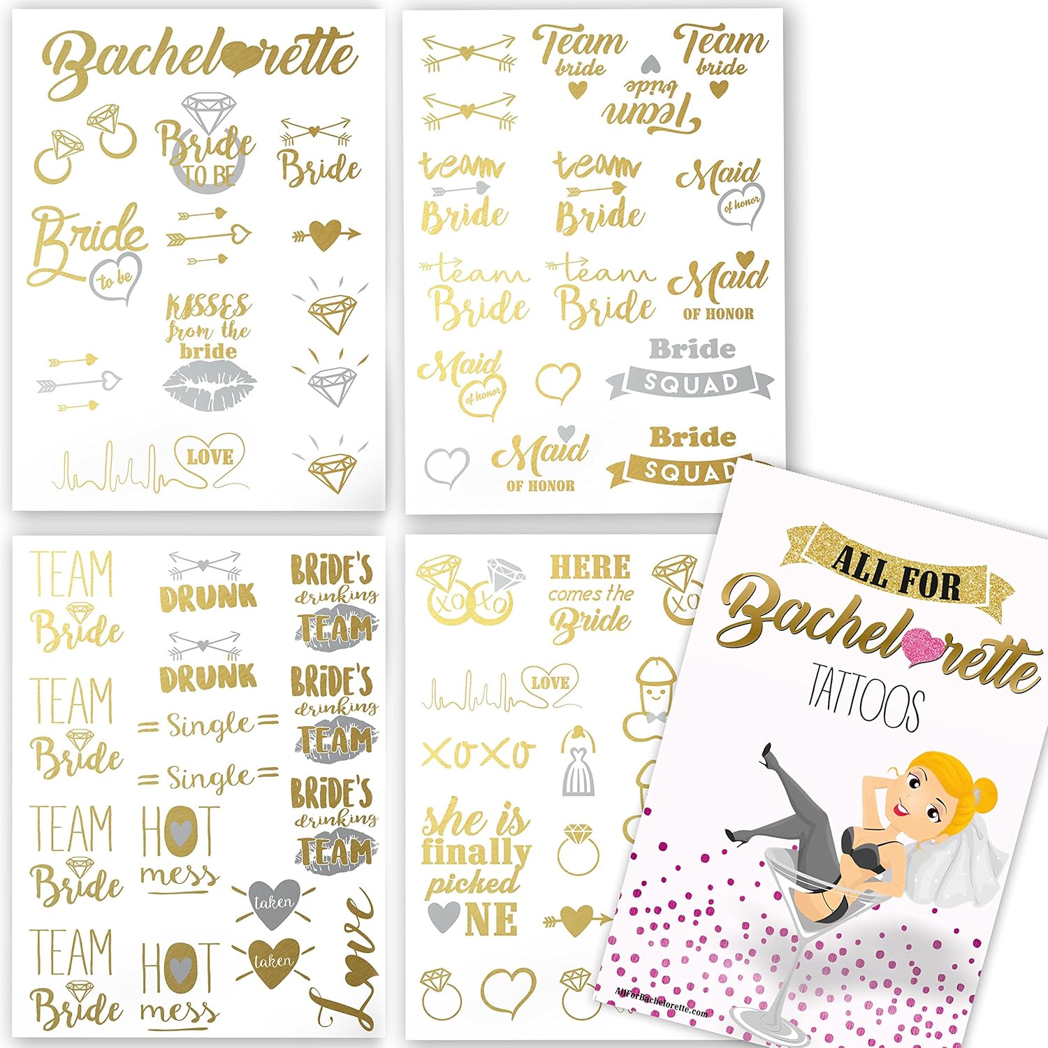 Bachelorette Party Tattoos - Gold & Silver Metallic Flash Temporary Tattoos, Mixed Set of 66 Bachelorette/Hen Party Favors