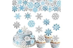 Fyeoxle 48PCS Edible Snowflake Cupcake Toppers Wafer Paper Snowflake Cupcake Toppers Edible Winter Snows Picks for Frozen Theme Party Decoration Supplies (Crystal Blue Silver)