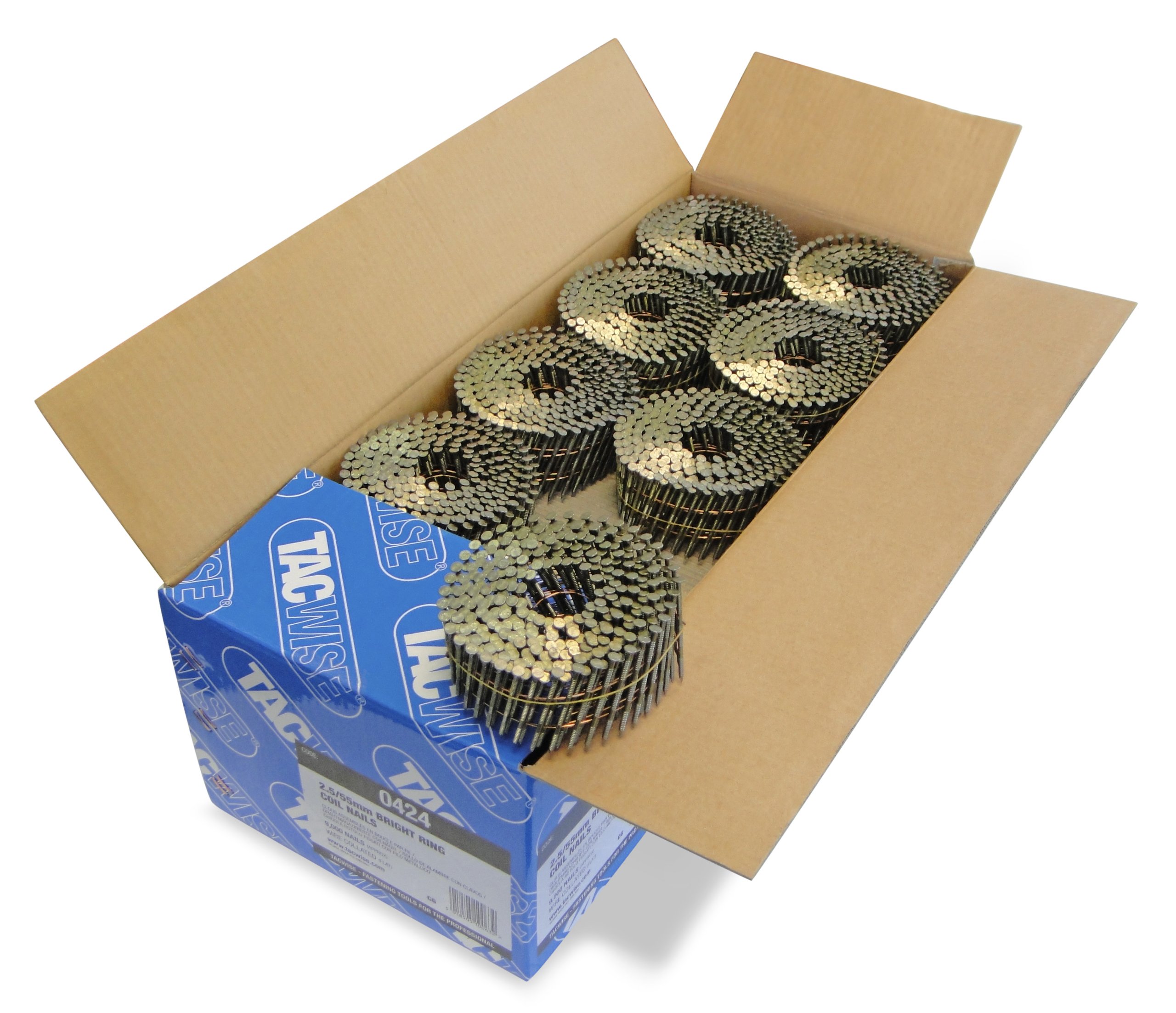 Tacwise 0424 Bright Flat Top Coil Nails Type 2.5 x 55 mm, Diamond Point, Ring Shank, 16° Inclined, Wire Collated, Pack of 9000