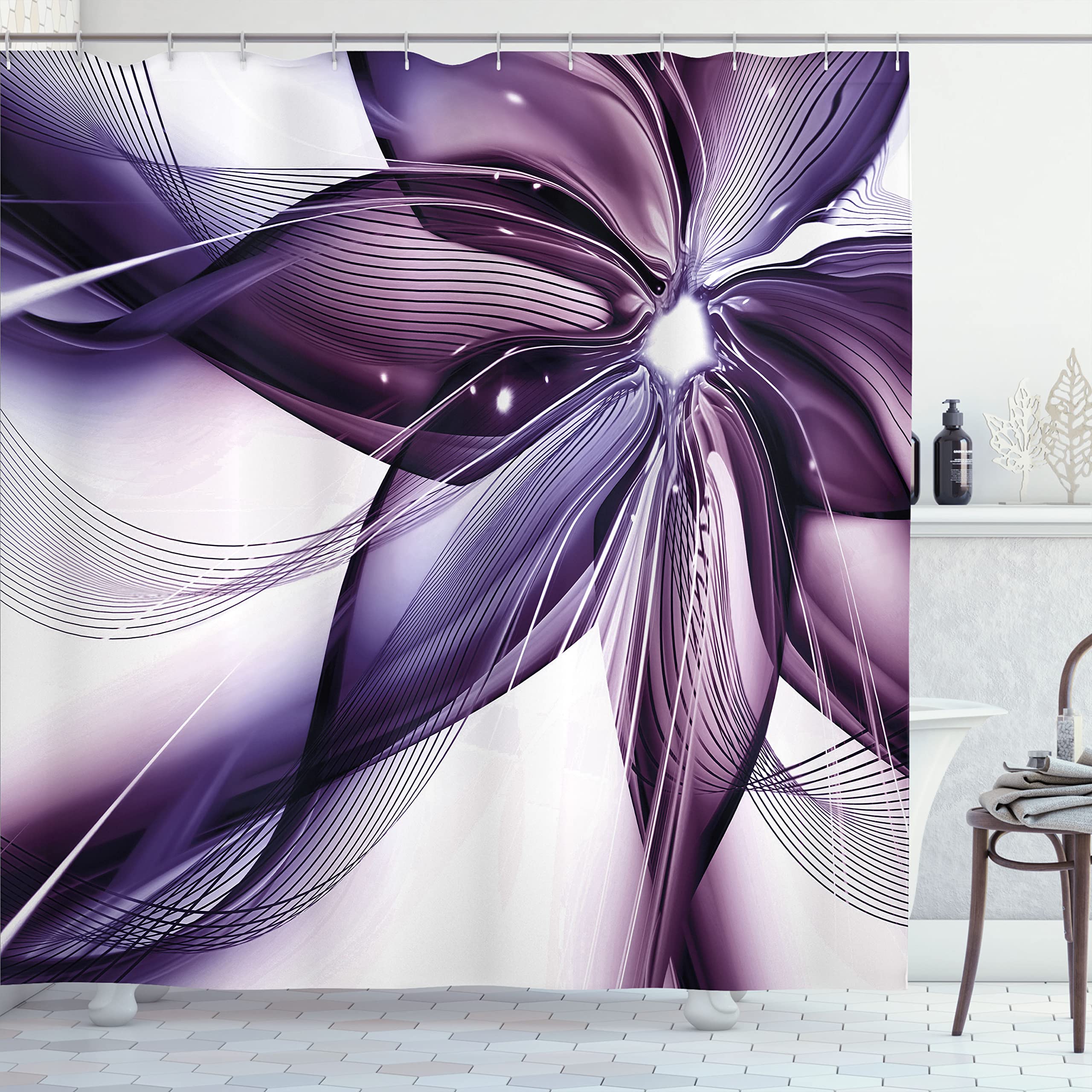 ABAKUHAUS Abstract Shower Curtain, Geometrical Smoke Like Striped Huge Flower Floral Design Work of Art, Cloth Fabric Bathroom Decor Set with Hooks, 175 x 200 cm, Blue Violet