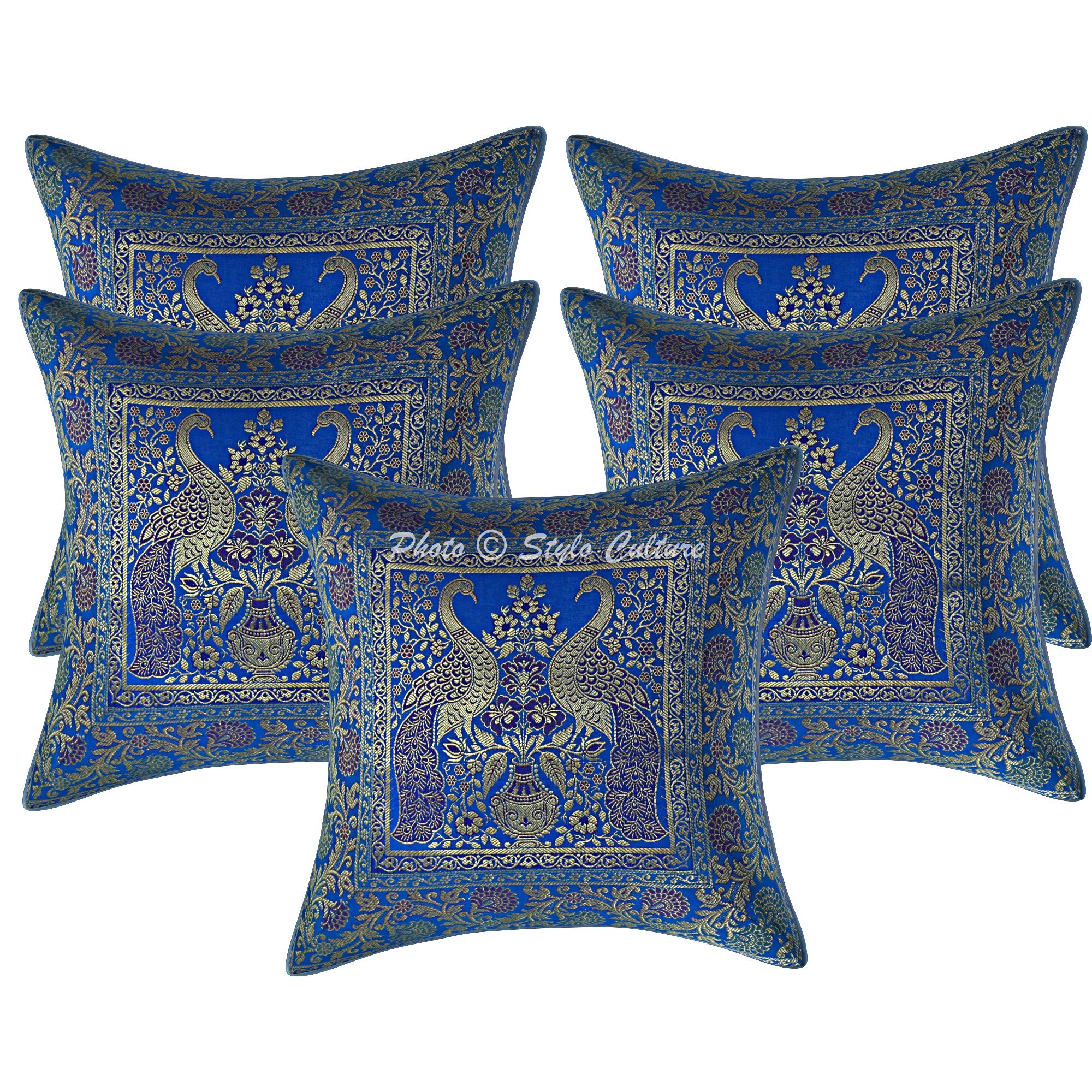 Stylo Culture Indian Brocade Sofa Couch Cushion Covers 40 x 40cm Turquoise Gold Peacock 16 x 16 Inch Jacquard Square Couch Lounge Floral Throw Pillow Cases - (Set Of 5 Pcs)