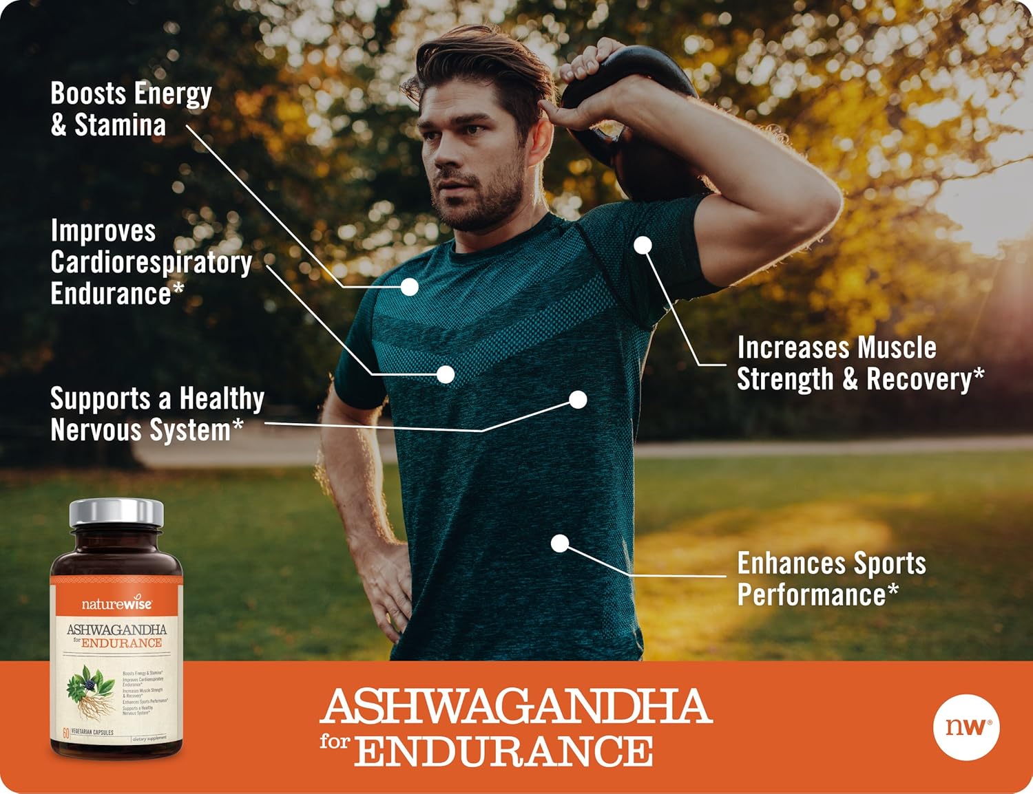 NatureWise Ashwagandha for Endurance, Adaptogen Adrenal Support Supplement with Organic KSM-66 Ashwagandha, Vitamins, Ginseng, and Green Tea Extract (Packaging May Vary) [1 Month Supply – 60 Capsules]: Health & Personal Care