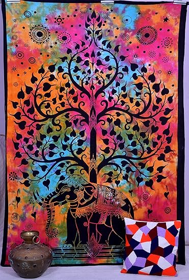 Multi Elephant Tree of Life Printed Tapestry Bed Cover Home Decor Beach Throw Cotton Bedspread Wall Decorative Hanging Single Wall Hanging By Handicraft-Palace