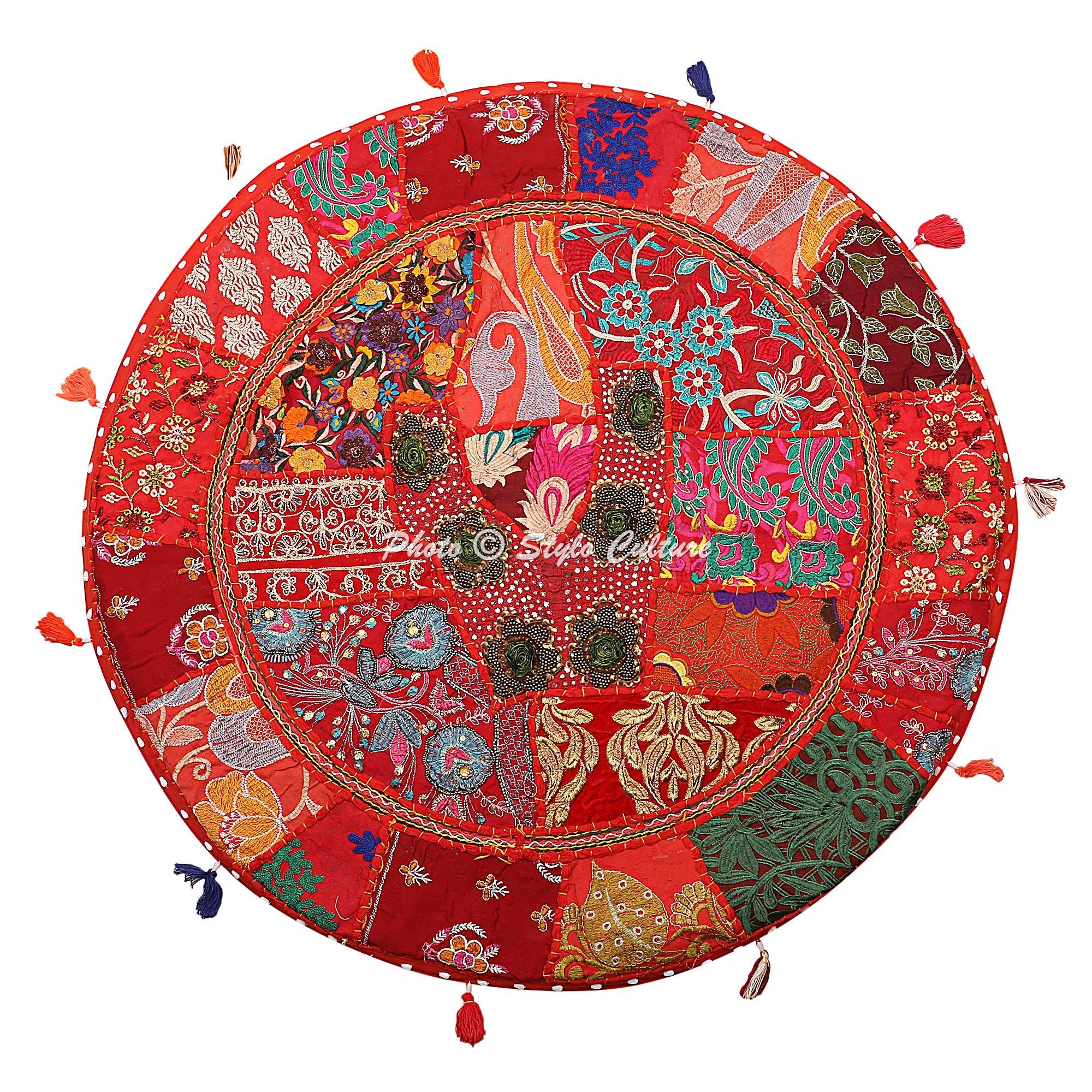 Stylo Culture Ethnic Round Floor Cushion Ottoman Throw Pillow Cover Red 70x70 cm Vintage Patchwork Lounge Boho Big Pillows 28 inch Living Room Cotton Embroidered Chair Seating Cover
