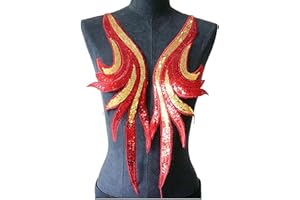 MUMAYA 2 Pcs Royal Blue Gold Sequin Lace Fabric Embroidered Gown Appliques Noble Sexy Collar Sew Patches for DIY Wedding Dress Décor (red)