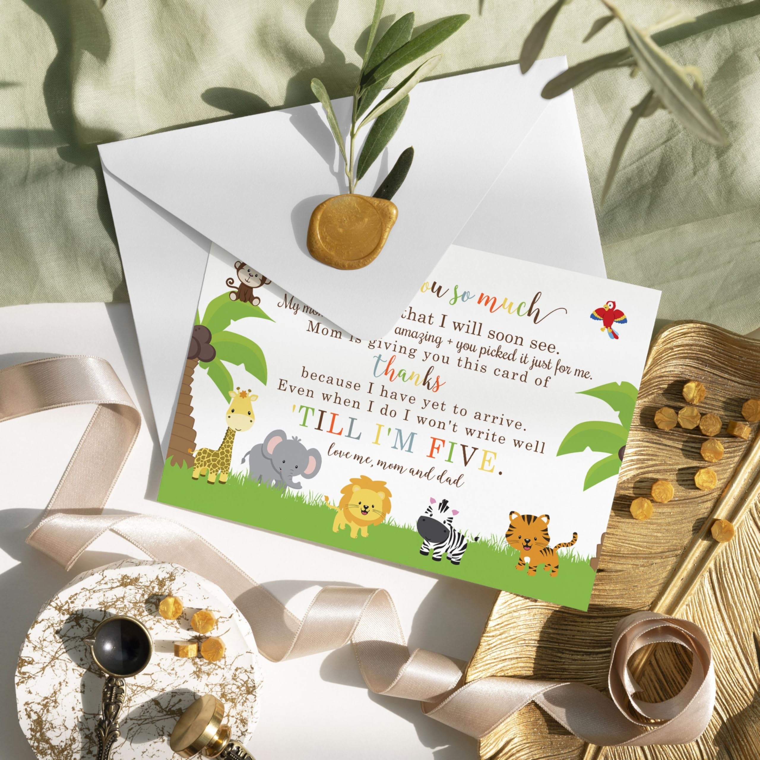 Cute Jungle Baby Shower Thank You Cards with Envelopes (25 Pack) Preprinted Message from Baby Boys or Girls with Customizable Space for Handwritten Note from New Parents, 4x6 Double-Sided Card