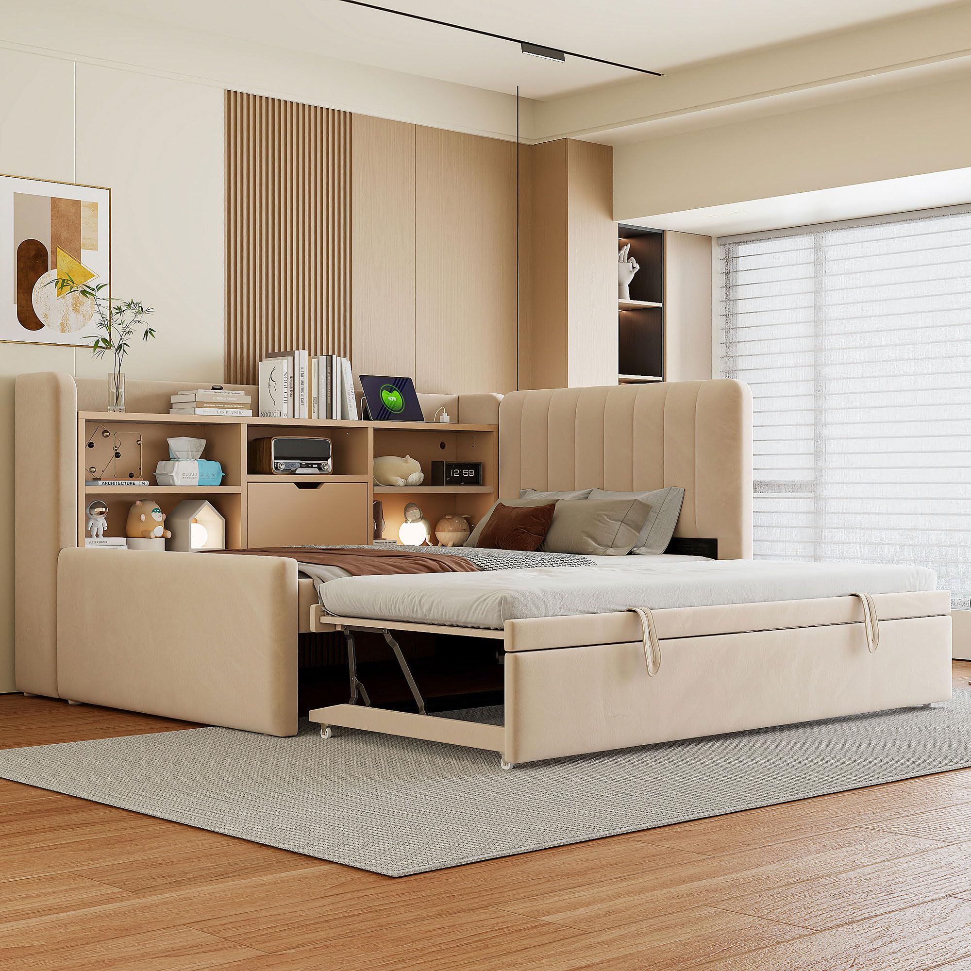 Photo 1 of ***BOX OF 3 ONLY***Ball & Cast Twin Size Daybed with Pop up Trundle,L Shaped Day Bed Frame with Storage Shelves and Charging Station,Extendable Trundle Bed,Twin to King Daybed,Space Saving,Beige
