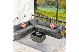 HOMREST 7 Piece Patio Furniture Set with Adjustable Bracket All-Weather Wicker Conversation Set with Coffee Table for Porch Garden Backyard (Gray)