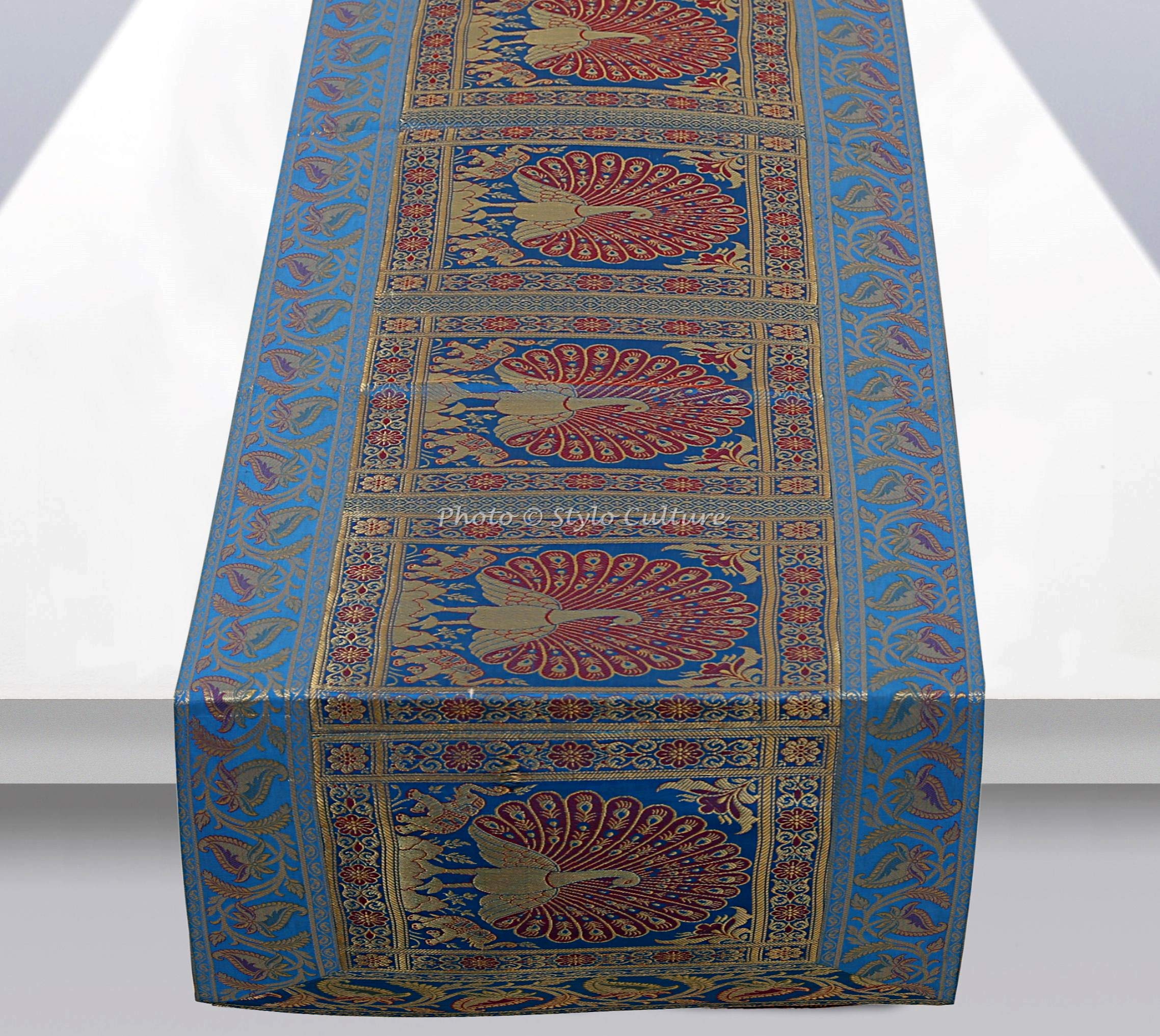 Stylo Culture Indian Center Table Runner For Coffee Table Turquoise Brocade Jacquard & Satin Boho Decor Peacock Floral Extra Long Ethnic Table Decor | 60x16 Inches ( 152 x 40 cm)