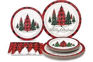 Homlouue 200 Pcs Christmas Paper Plates and Napkins, Christmas Tree Red and White Plates and Napkins Disposable, Christmas Dinner Plates and Napkins Serve 50 Guest, Christmas Party Table Decorations