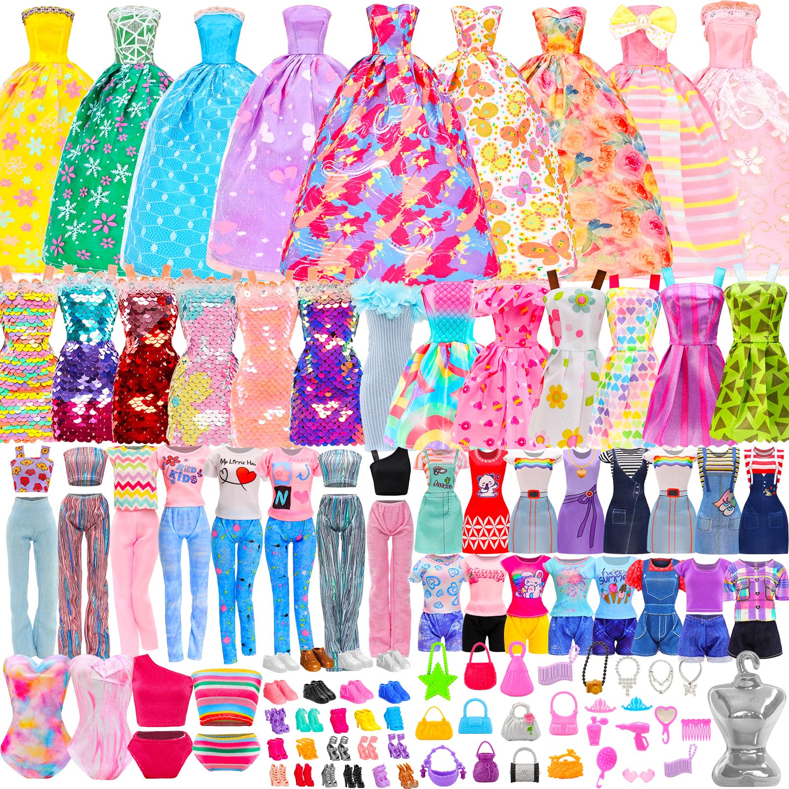 Miunana 110 Doll Clothes and Accessories Fashion Dresses Tops Pants Outfits Party Gown Mini Dresses Swimsuits Bikini Shoes Princess Hangers Handbag for 11.5 inch Doll