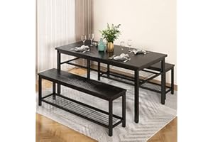furlinkhm Dining Room Table Set for 4, Breakfast Table with 2 Benches,for Kitchen, Living Room, and Small Space,Bench Style Dining Furniture Set with Metal Frame and Storage Rack,Black