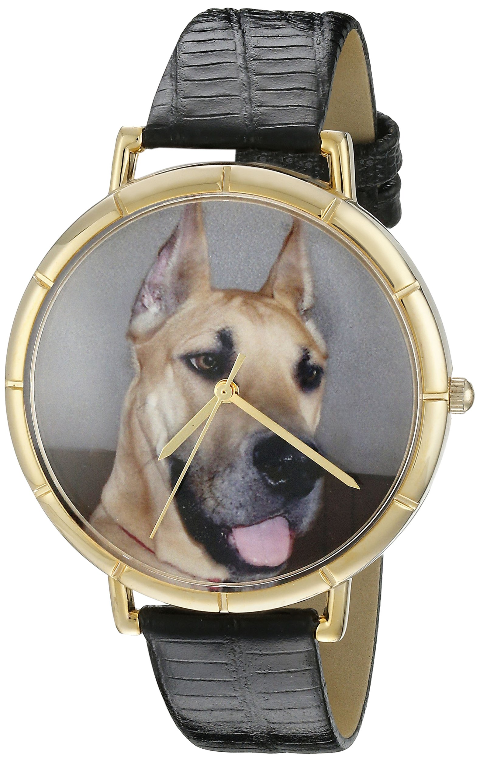 Whimsical Watches Great Dane Black Leather and Goldtone Photo Unisex Quartz Watch with White Dial Analogue Display and Multicolour Leather Strap N-0130080
