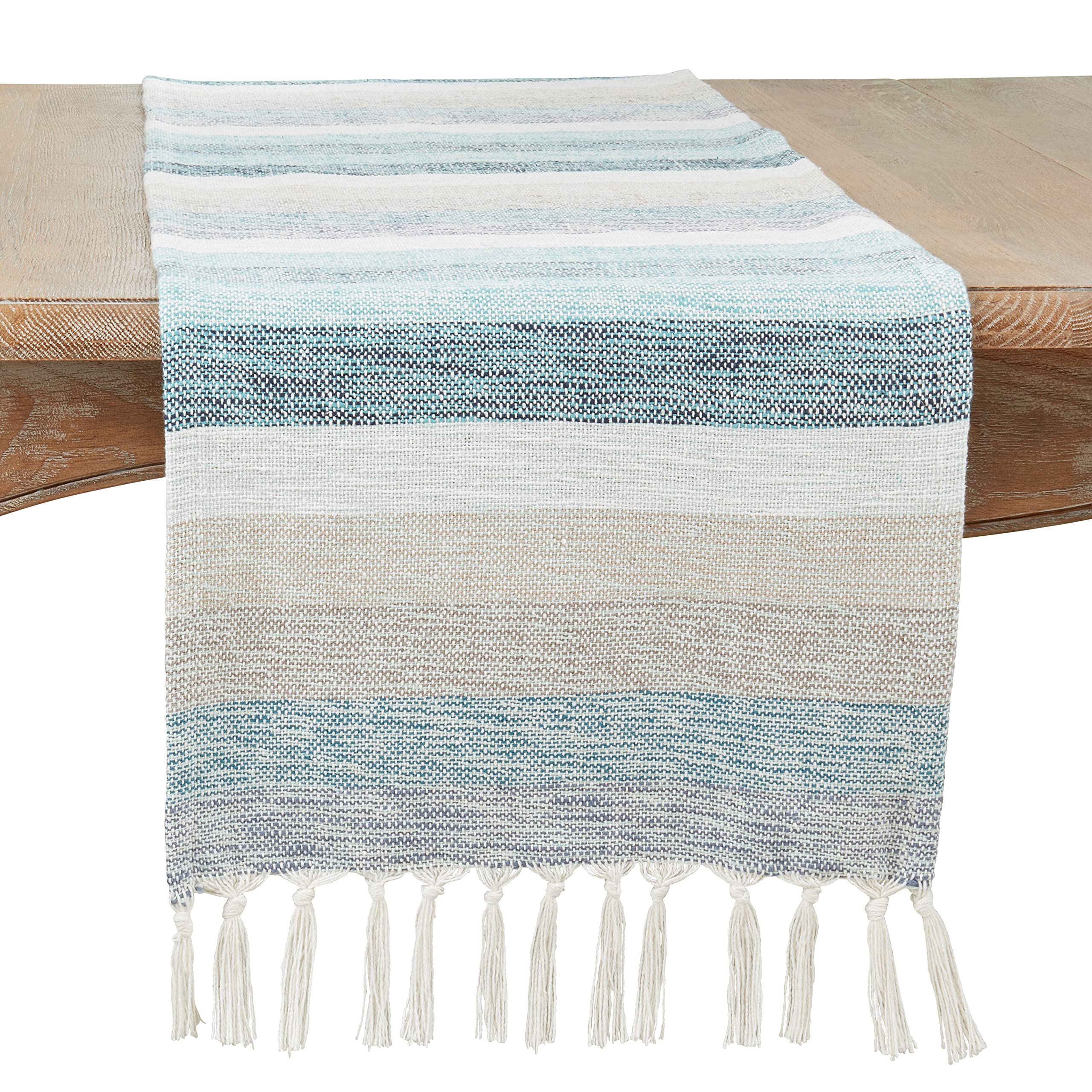 Photo 1 of SARO LIFESTYLE Fringed Stripe Table Runner, 16"x72", Aqua