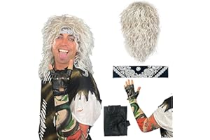 Watt's Wigs - 80s Hair Metal Rocker Costume Set - Glam Rock Band Blond Curly Wig with Paisley Print Stretch Fabric Headband, Color Tattoo Sleeve, and Biker Glove - One Size Fits All (Blond)