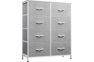 WLIVE Fabric Dresser for Bedroom, Tall Dresser with 8 Drawers, Storage Tower with Fabric Bins, Double Dresser, Chest of Drawers for Closet, Playroom, Dormitory, Light Grey