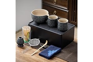 TEANAGOO Matcha Kit + 2 Cups with Storage box, 12 Pcs Travel Matcha Tea Set, Ceramic Matcha Bowl (18oz), Matcha Cup(7.2oz), Bamboo Whisk(百本立), Sifter, WS1, Rock Charcoal Grey, Best Matcha Gift
