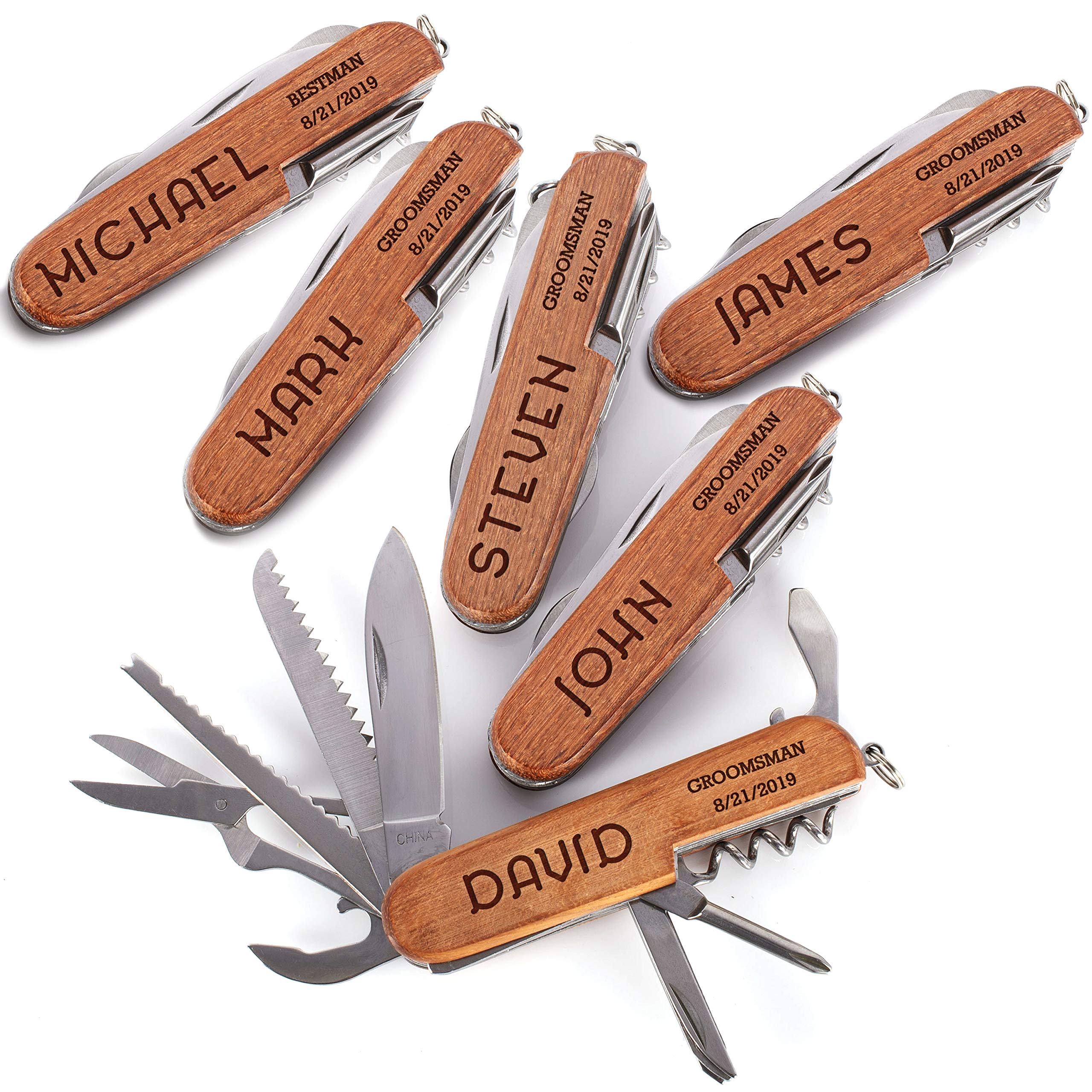 Set of 6, Personalized Pocket Knife - 8 Function Multi-tool Custom Engraved Pocket Knives - 12 Fonts - Groomsman Gifts for Wedding, Bachelor Party - Groomsmen Proposal Gifts