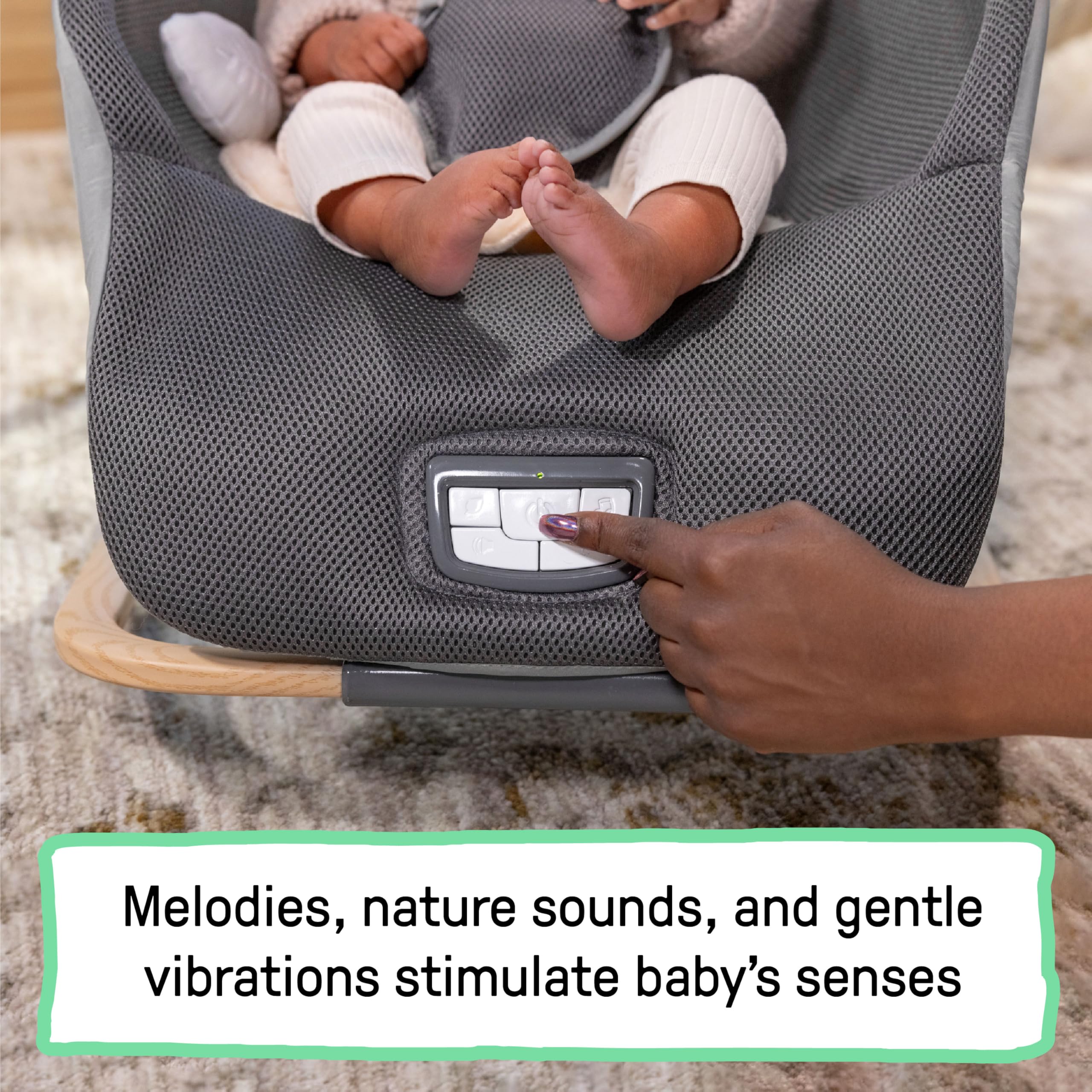 Ingenuity Every Season 2-in-1 Baby Rocker & Seat - Cooling and Warming Fabrics, Detachable Sustainable Wooden Activity Bar, Music, Vibration, for Ages 0-30 Months, Wesley (Grey)