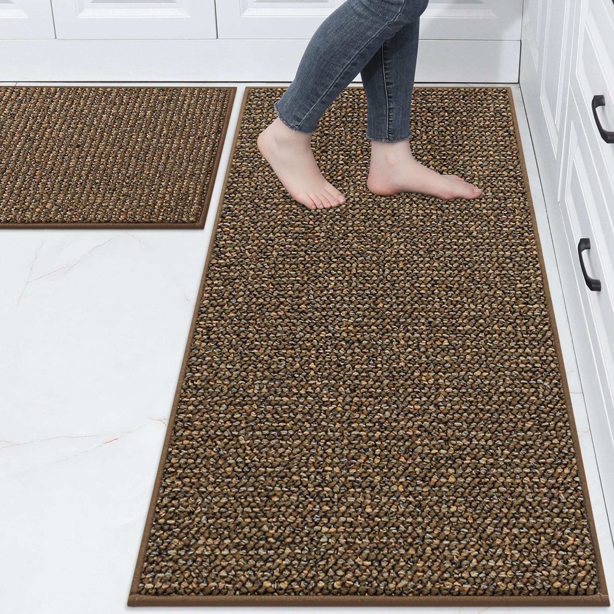 Photo 1 of BEQHAUSE Kitchen Rugs and Mats 2PCS, Non-Slip Kitchen Mats for Floor, Absorbent and Stain Resistant Kitchen Runner, Machine Washable Rugs for Kitchen, Laundry & Sink, 24"x36"+24"x60", Brown