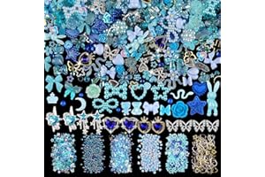 EDITTIME 650pcs Mixed 3D Nail Charms Kit, 12pcs Luxury Metal Nail Rhinestones and 250pcs Resin Butterfly Flower Star Heart Bow Charms with 400pcs Flatback Pearls Rhinestone Metal Gems Charm (Blue)