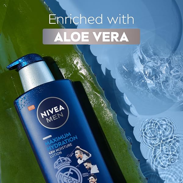 NIVEA MEN REAL MADRID LIMITED EDITION DESIGN MAXIMUM HYDRATION 48-HOUR MOISTURE BODY LOTION FOR DRY SKIN, ALOE VERA LOTION FOR MEN, 3-IN-1 BODY, FACE AND HANDS, 16.9 FL OZ BOTTLE